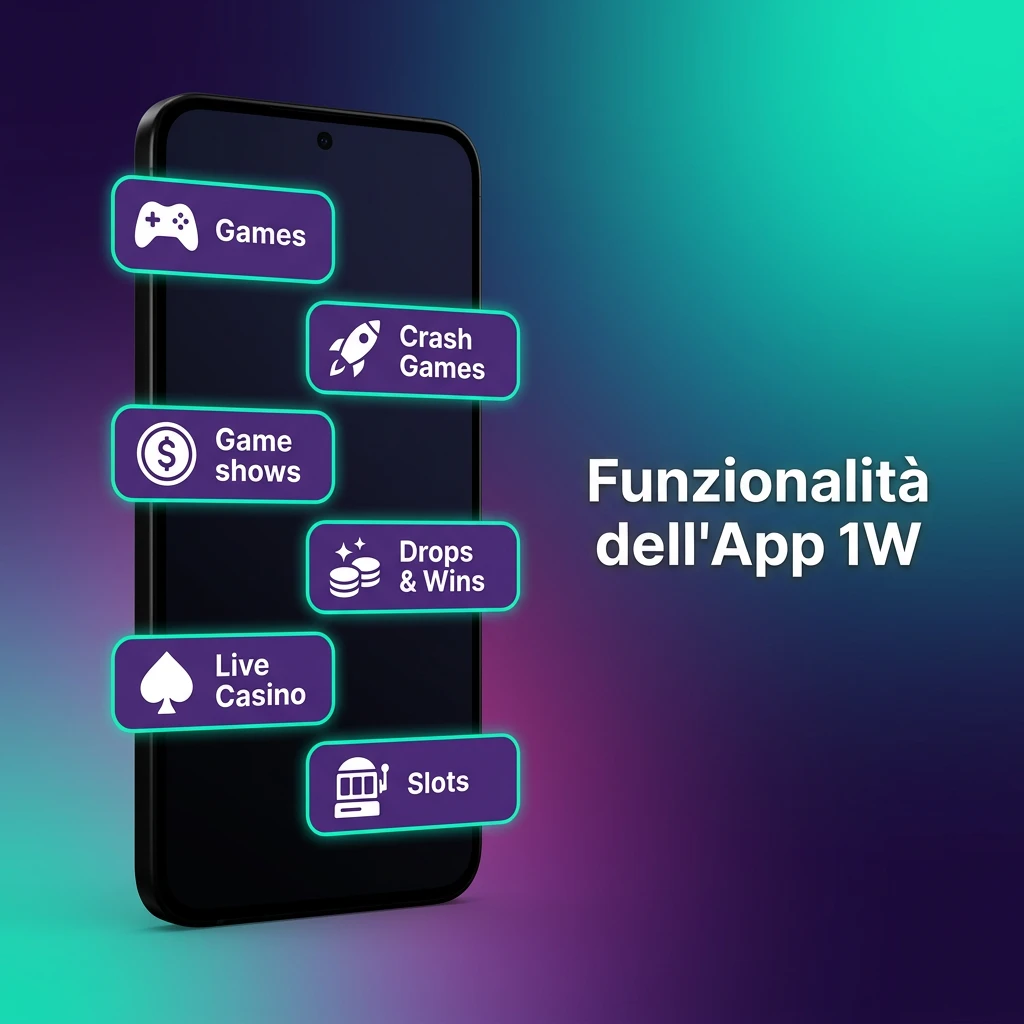 Schermata app 1W con funzionalità live betting, casinò, depositi, prelievi e notifiche push su mobile