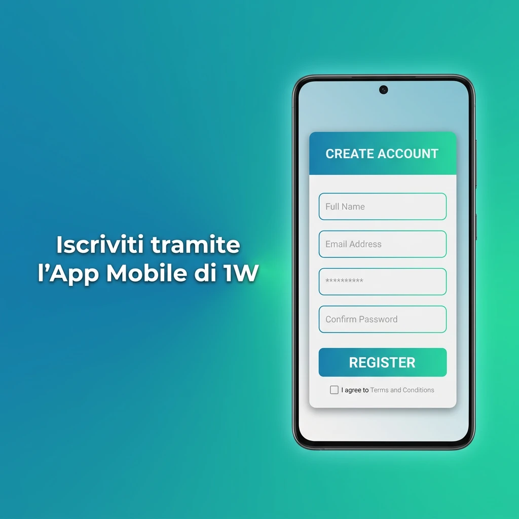 Registrazione sull'app mobile 1W su smartphone con metodi di iscrizione disponibili